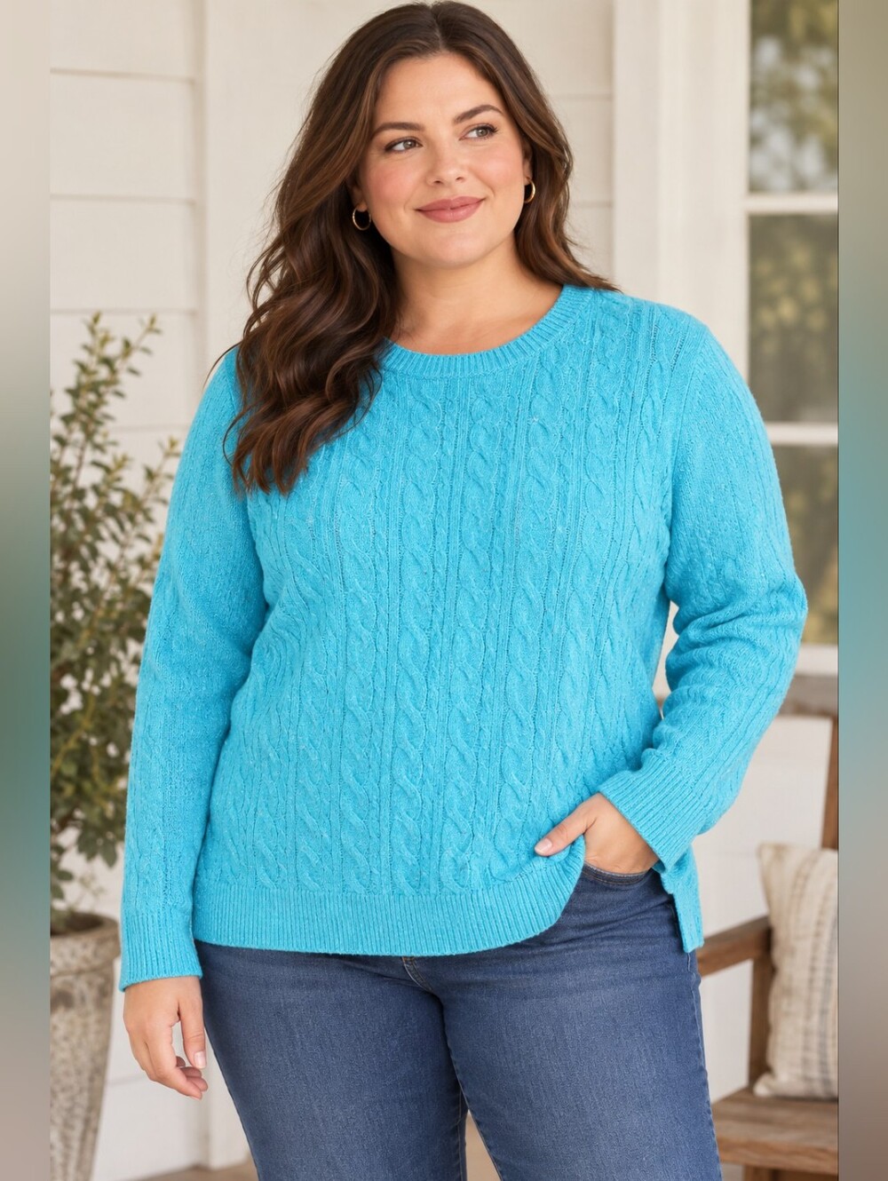 Talbots Cable Knit Sweater Plus Size 3x Cotton Crewneck Soft Blue Speckled